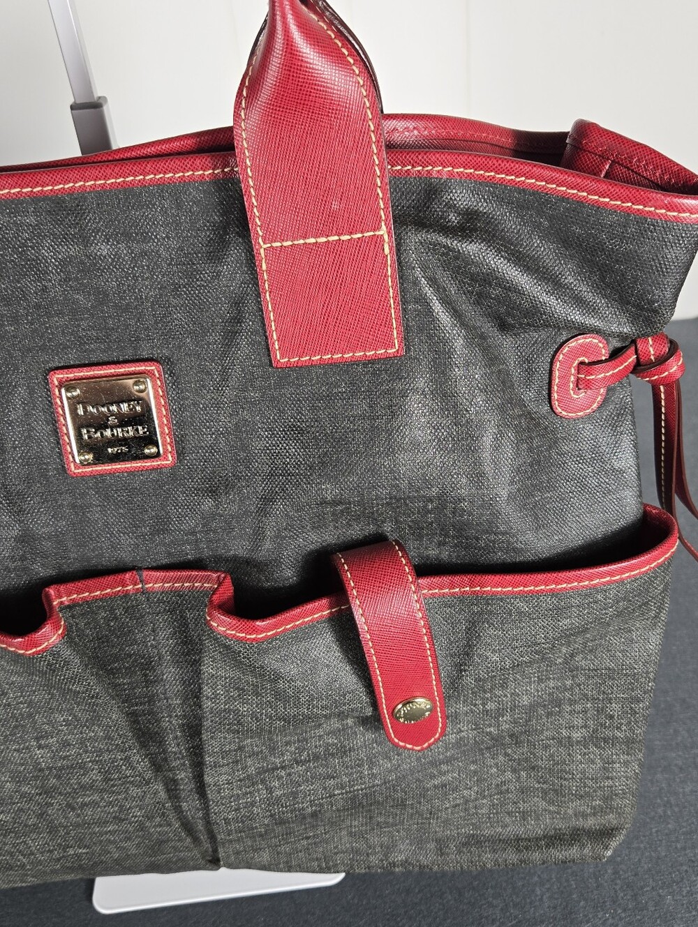 Dooney & Bourke Black Canvas Tote with Red Trim and Handles - Picture 3 of 13